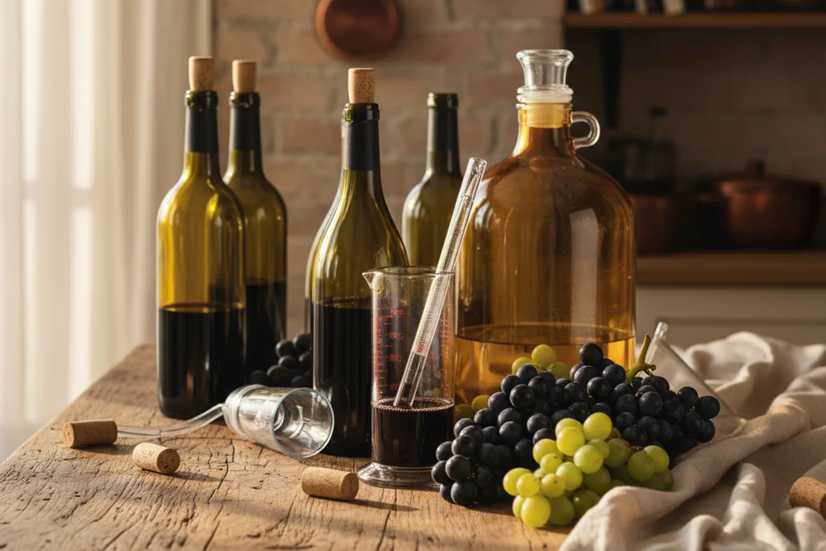 Winemaking equipment arranged on a walnut surface in warm natural light with cream linen nearby