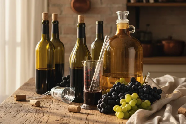 Winemaking equipment arranged on a walnut surface in warm natural light with cream linen nearby