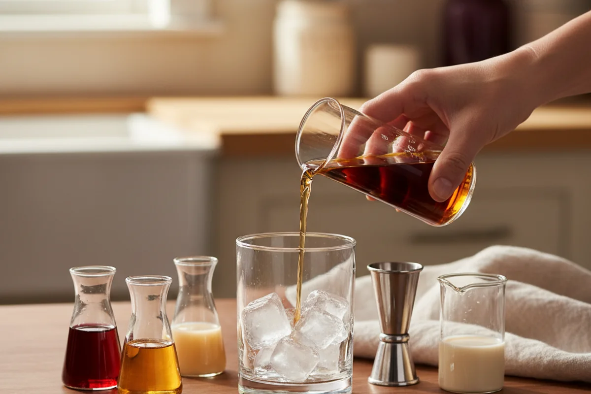 Winemaker blending two wines in glass measuring cups on a warm walnut surface in soft natural light