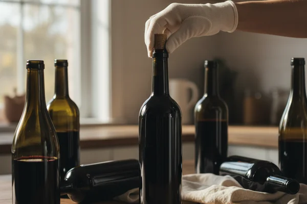 Hands filling dark glass wine bottles on a walnut surface with corker and soft natural light nearby