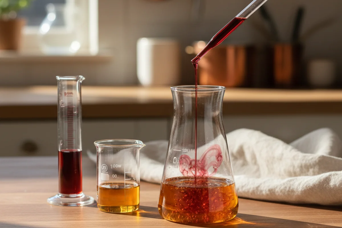 Blended wine samples in glass beakers on a walnut surface beside handwritten blend calculation notes