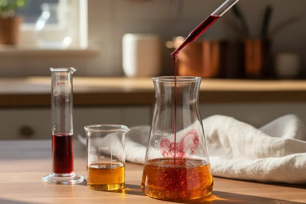 Blended wine samples in glass beakers on a walnut surface beside handwritten blend calculation notes