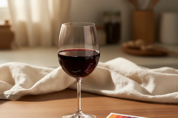 Hands using a titration kit to test wine acidity on a walnut surface in warm natural light