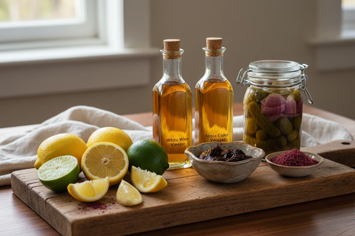 Amber glass bottles and measuring tools arranged on a walnut surface in warm natural light