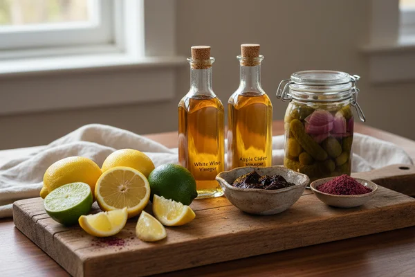 Amber glass bottles and measuring tools arranged on a walnut surface in warm natural light