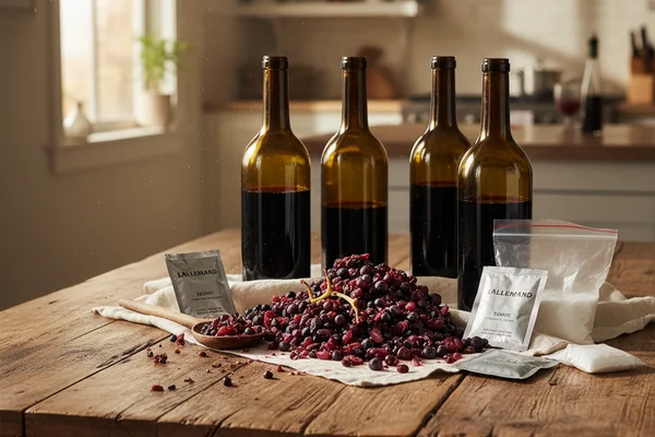 Small glass jars of winemaking additives arranged on a walnut surface in warm natural light