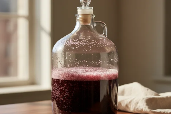 Carboy of fermenting wine on a walnut surface beside an airlock and siphon tube in soft natural light