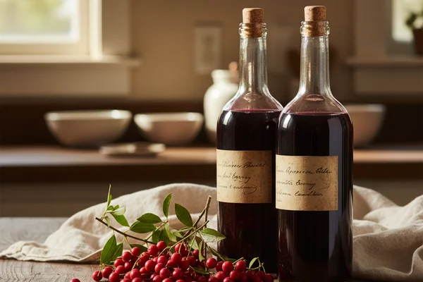 Rustic ceramic bowl of agarita berries on a walnut surface beside a glass of deep red wine in soft natural light
