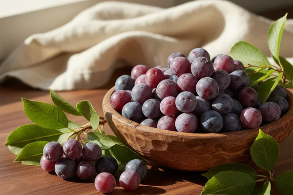 Dark purple shadbush berries clustered in a rustic bowl on a walnut surface in warm natural light