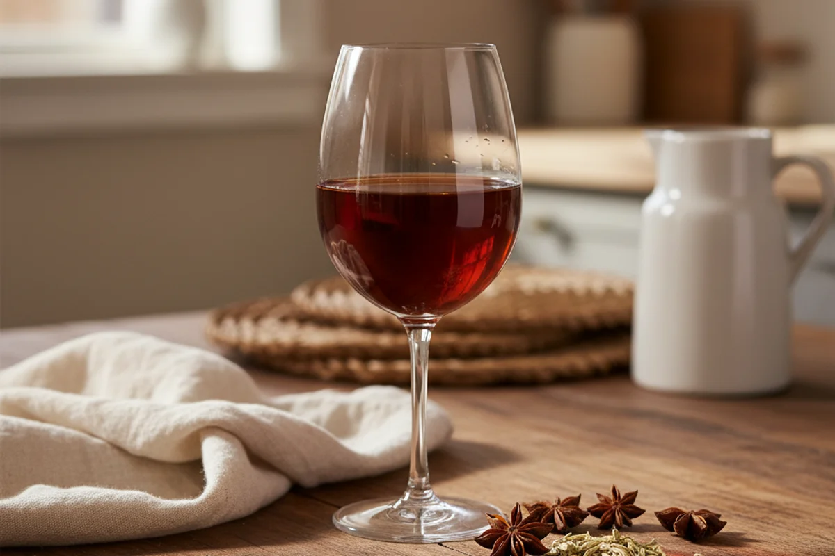 Star anise pods and loose seeds arranged on a walnut surface beside a glass of pale golden wine in soft natural light.