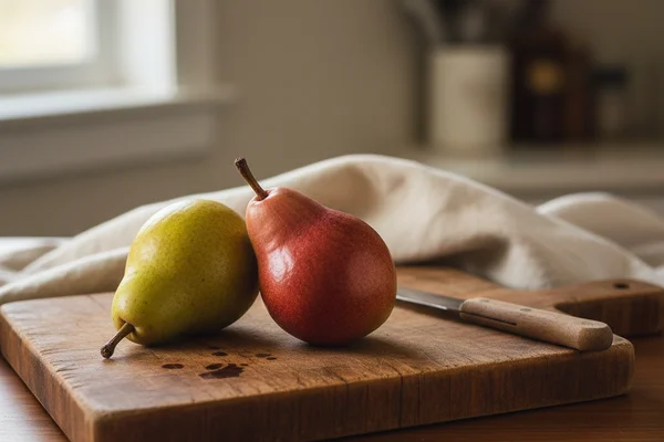 Anjou and Flemish Beauty pears resting on a walnut surface beside cream linen in warm natural light