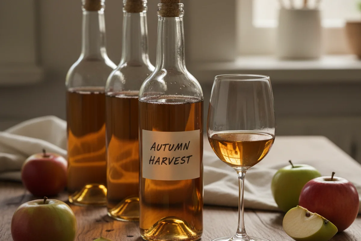 Jar of apple concentrate beside a glass of golden wine on a walnut surface in warm natural light