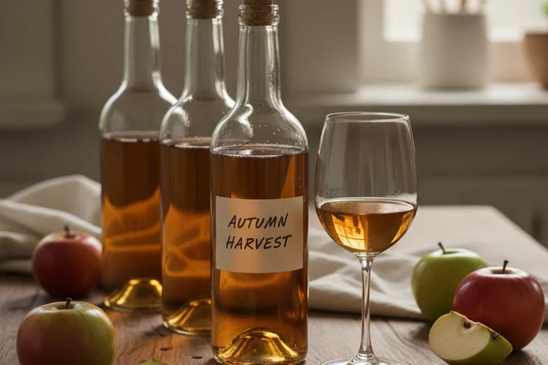 Jar of apple concentrate beside a glass of golden wine on a walnut surface in warm natural light