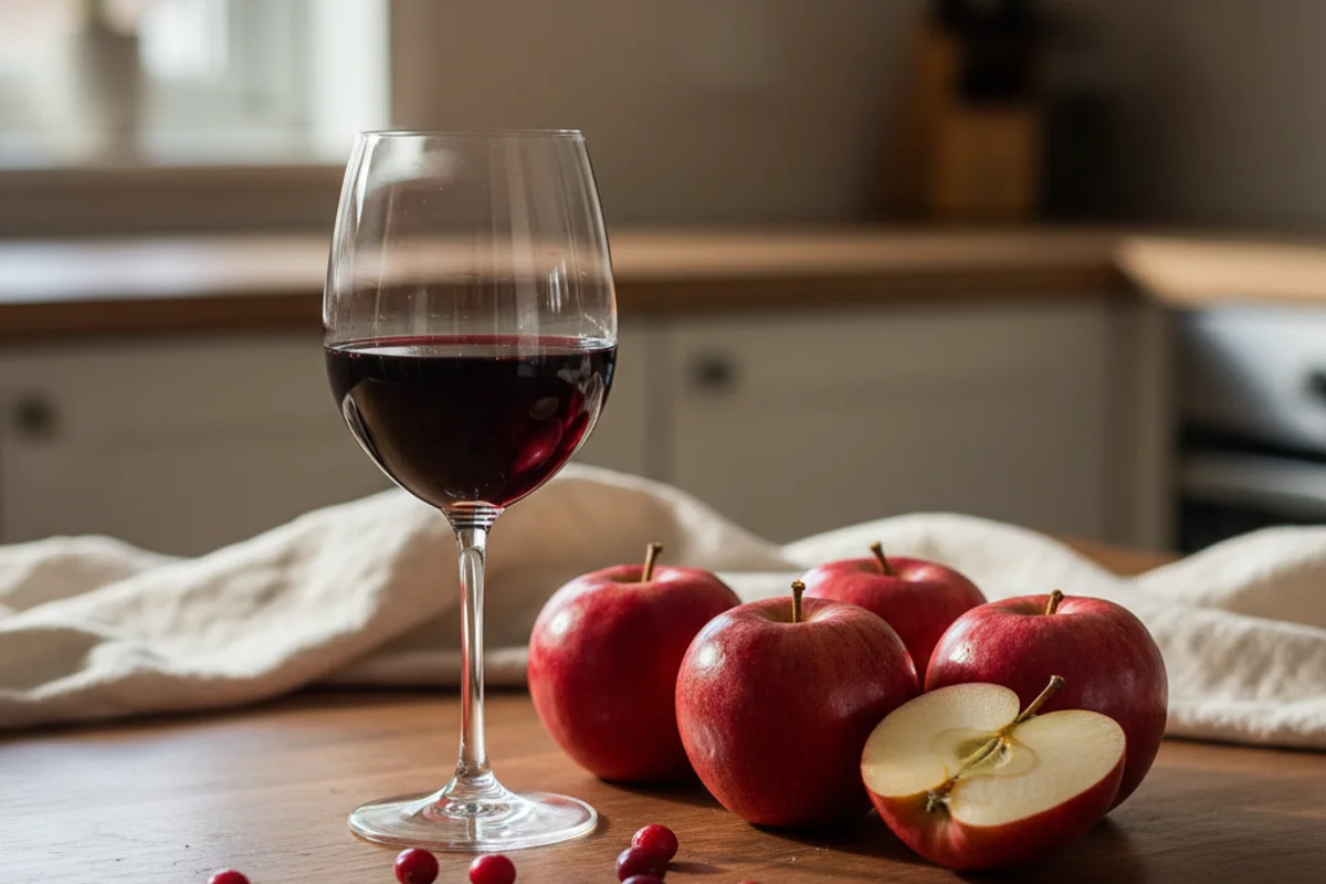 Fresh apple and cranberry wine in a glass jar on a walnut surface beside red cranberries and sliced apples in soft natural light