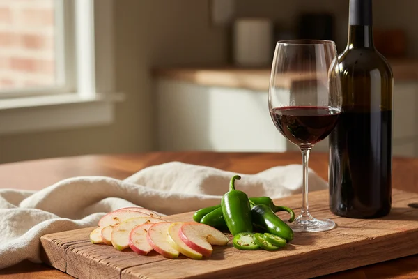 Fresh apples and sliced jalapeños beside a glass of pale wine on a walnut surface in warm light