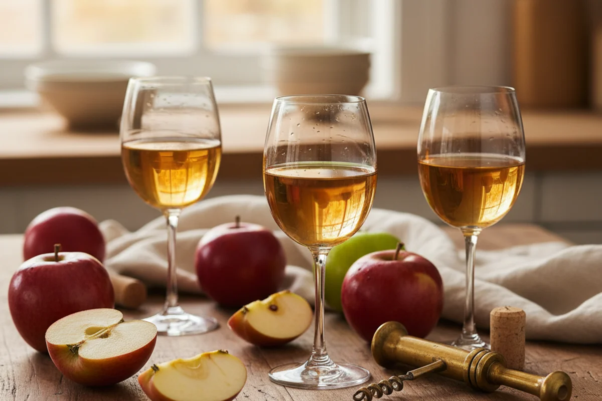 Fresh apple juice in a glass carboy on a walnut surface, soft natural light, cream linen backdrop