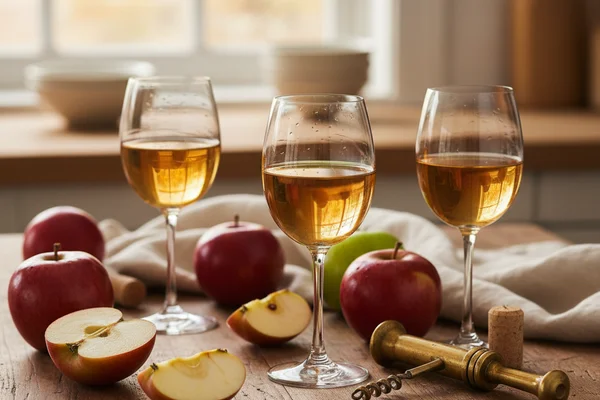 Fresh apple juice in a glass carboy on a walnut surface, soft natural light, cream linen backdrop