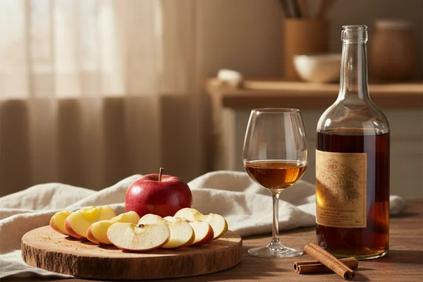 Rustic glass carboy of amber apple sherry wine on a walnut surface beside soft cream linen