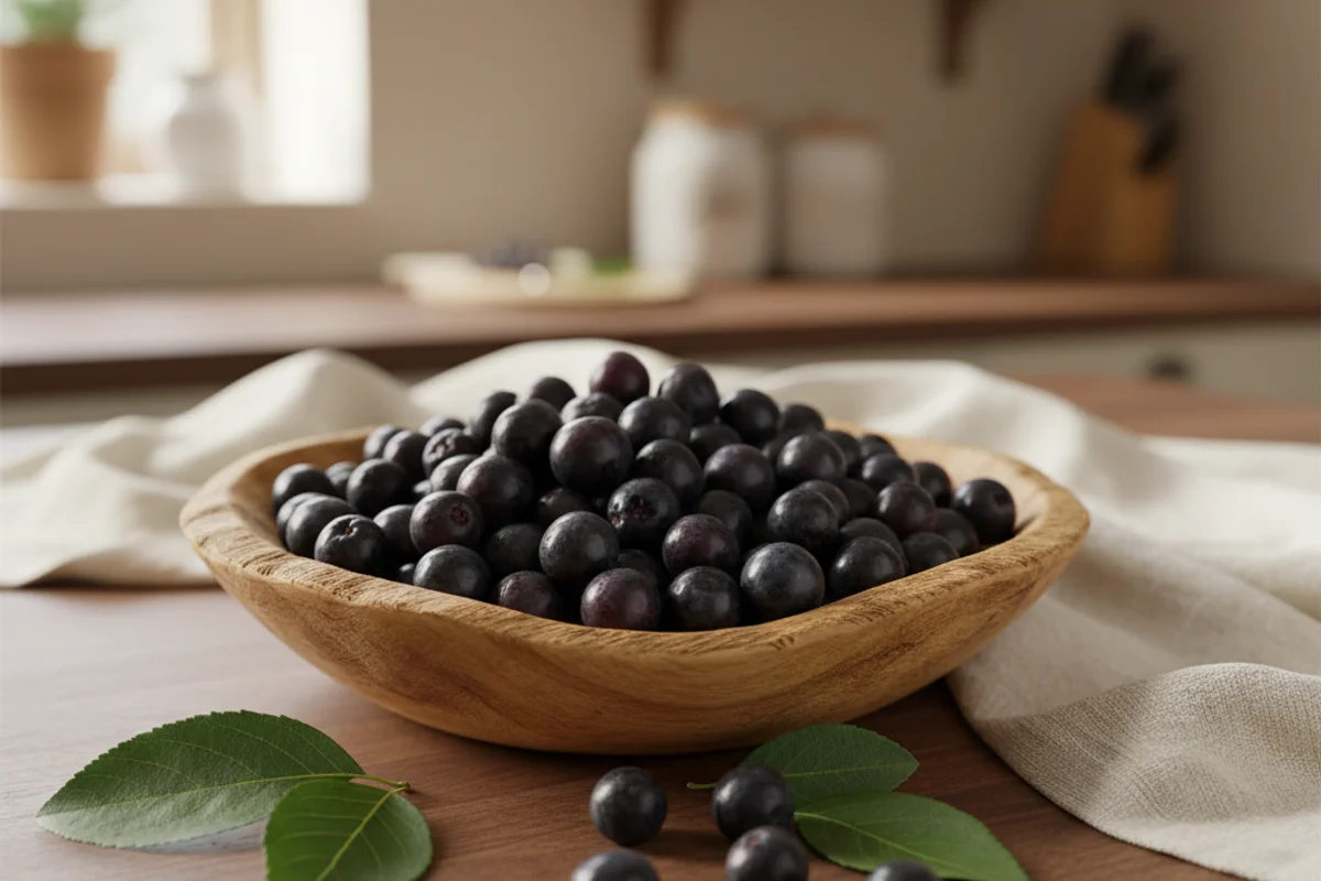 Dark aronia berries clustered in a rustic bowl on a walnut surface in warm natural light