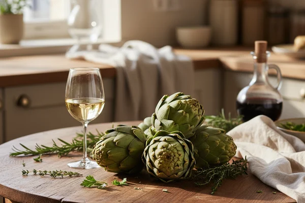 Rustic artichokes beside a glass carboy of pale wine on a warm walnut surface in soft natural light