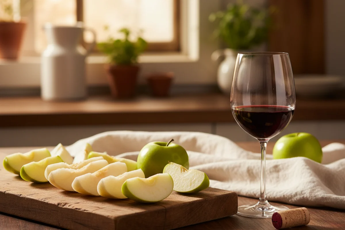 Sliced Asian pear halves beside a glass of pale golden wine on a walnut surface in soft natural light