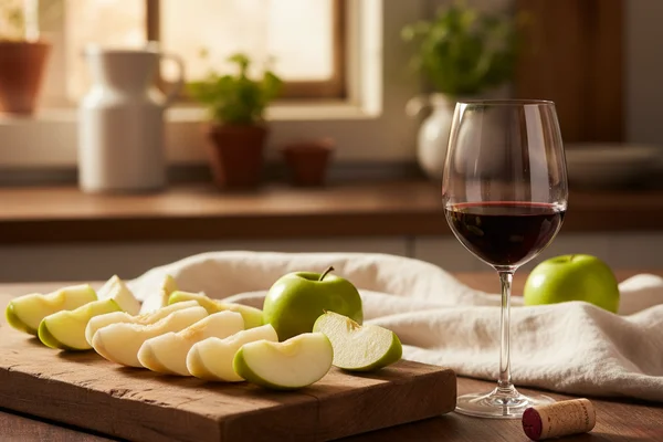 Sliced Asian pear halves beside a glass of pale golden wine on a walnut surface in soft natural light