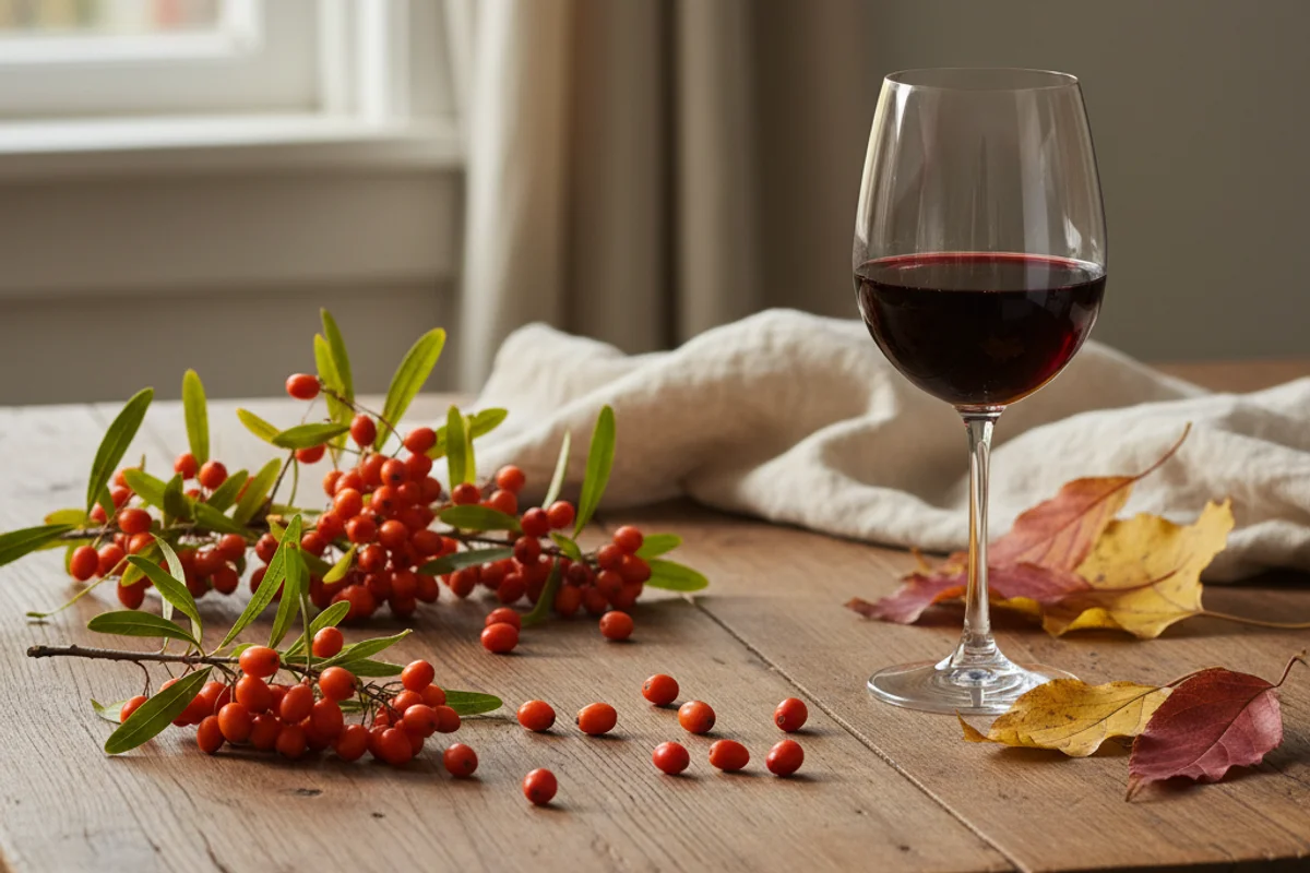 Ripe autumn olive berries in a rustic bowl on a walnut surface beside a glass of rose-hued homemade wine