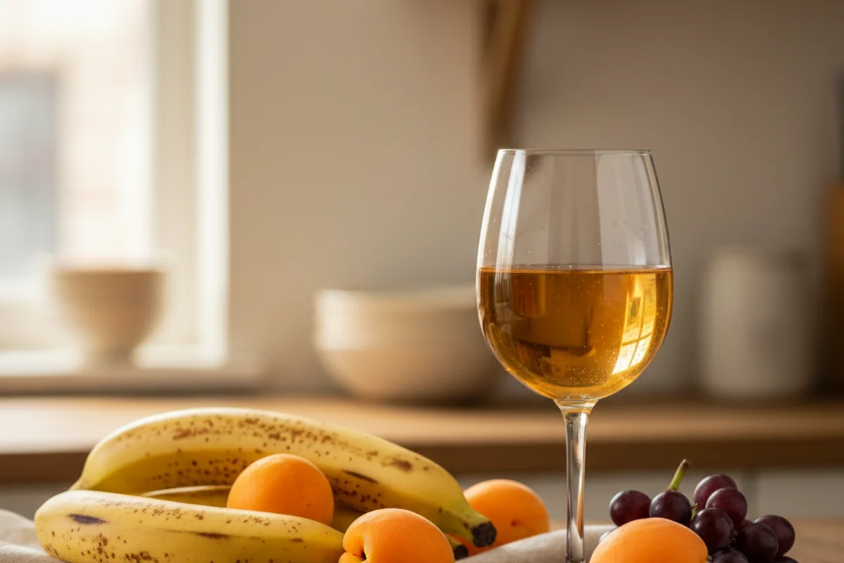 Ripe bananas and dried apricots beside a glass of amber wine on a walnut surface in warm light