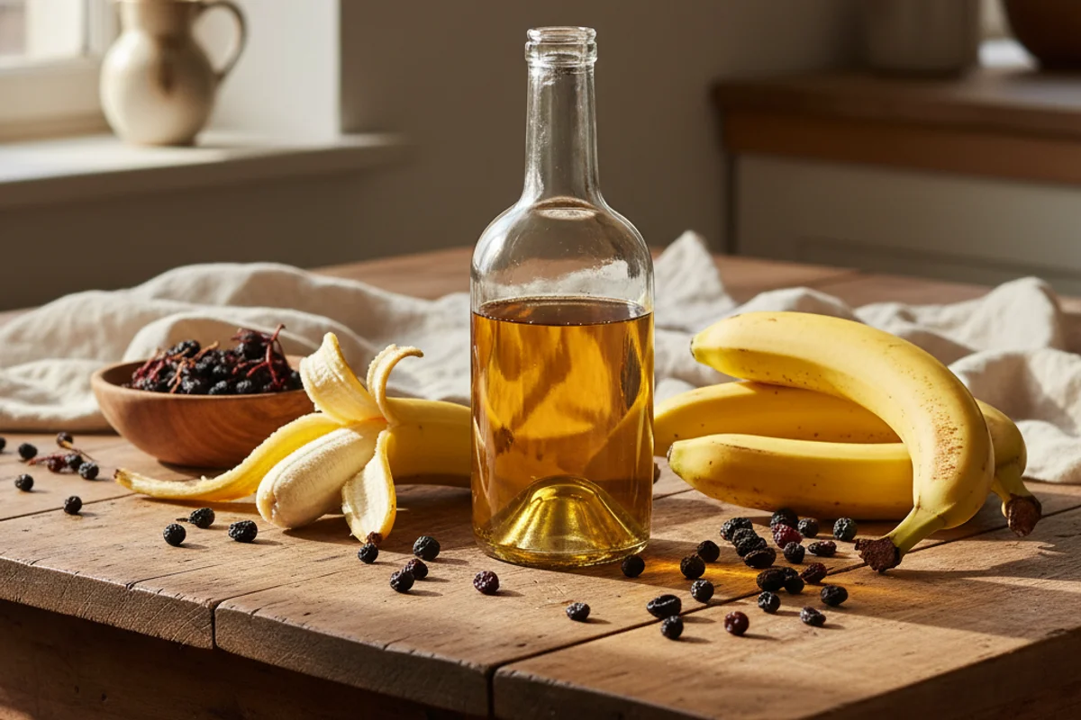 Ripe bananas and dried elderberries beside a glass of deep ruby wine on a walnut surface