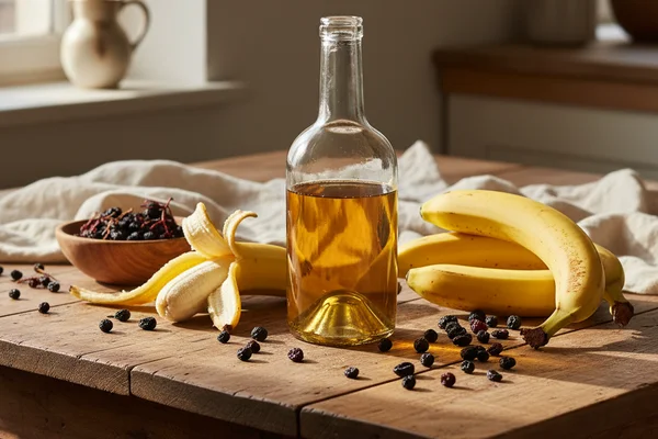 Ripe bananas and dried elderberries beside a glass of deep ruby wine on a walnut surface
