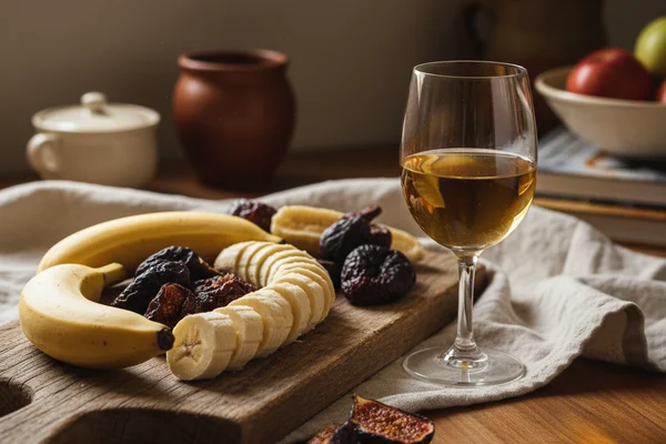 Sliced bananas and dried figs beside a glass carboy on a walnut surface in warm natural light