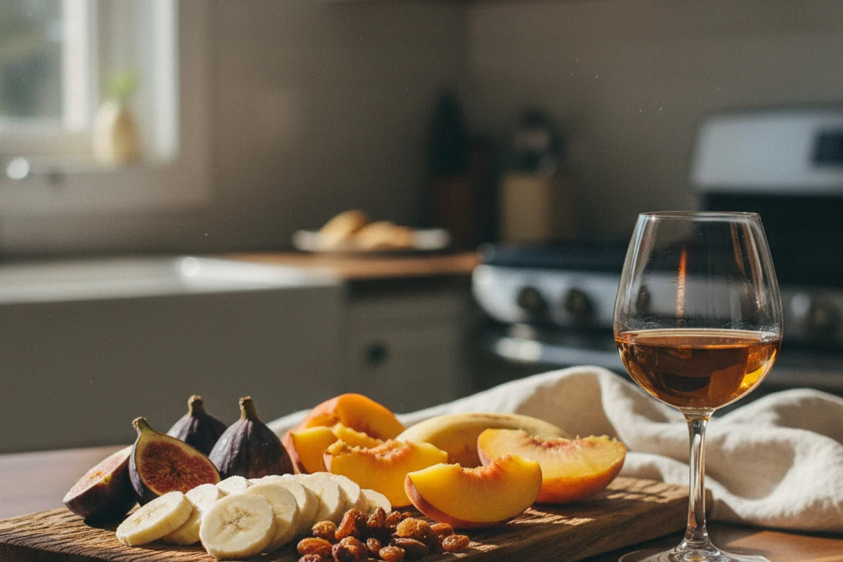 Rustic sweet sherry wine with bananas, peaches, figs, and raisins on a walnut surface in soft natural light
