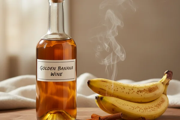 Spiced banana wine in a glass jar on a walnut surface, soft natural light, dried spices nearby
