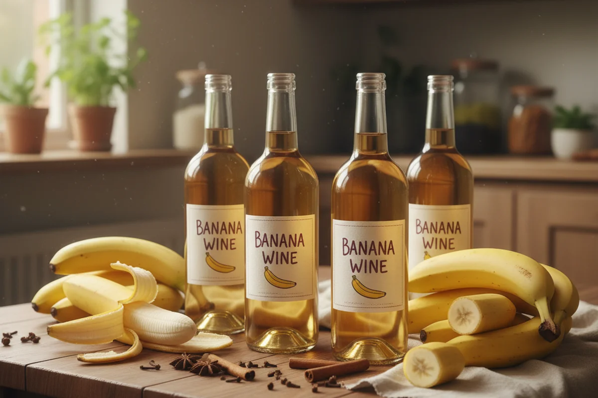 Spiced banana wine in a glass jar on a walnut surface, surrounded by cinnamon sticks and soft linen