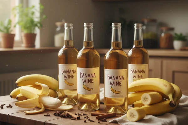 Spiced banana wine in a glass jar on a walnut surface, surrounded by cinnamon sticks and soft linen