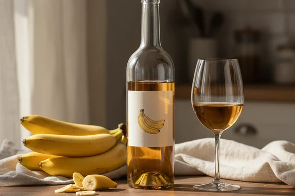 Ripe bananas beside a glass of golden wine on a walnut surface in warm natural light