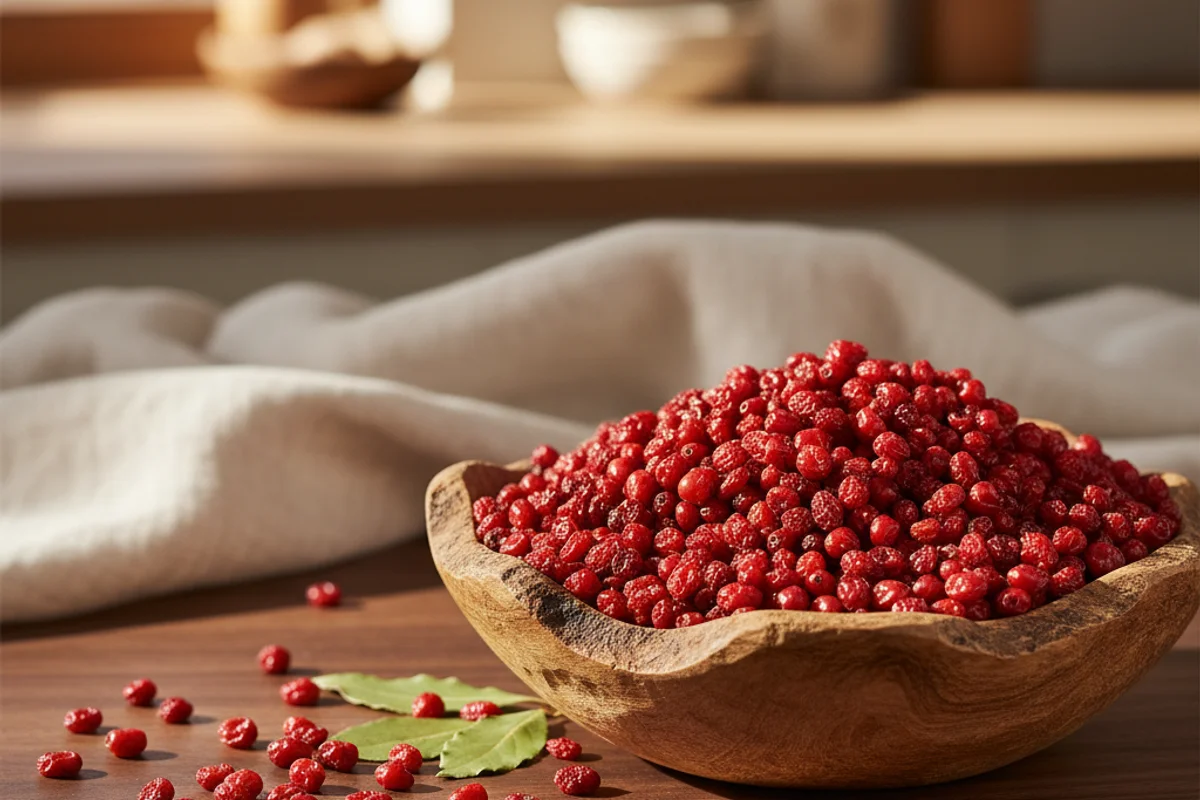 Dried barberries in a small ceramic bowl on a walnut surface with soft natural light and cream linen nearby