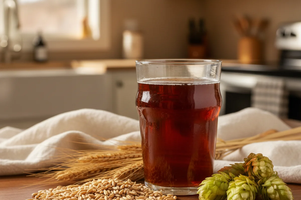 Amber barley wine in a rustic glass on a walnut surface beside scattered barley grains and soft linen