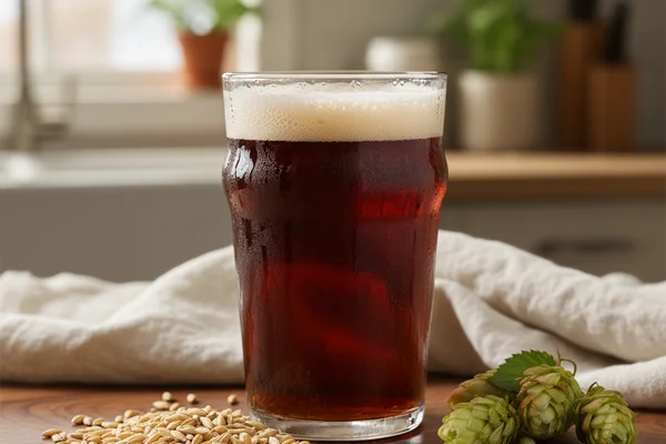 Amber barley wine in a rustic glass on a walnut surface, soft natural light, cream linen backdrop
