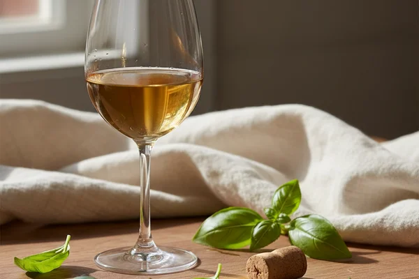 Fresh basil sprigs beside a glass of pale green wine on a warm walnut surface in soft natural light