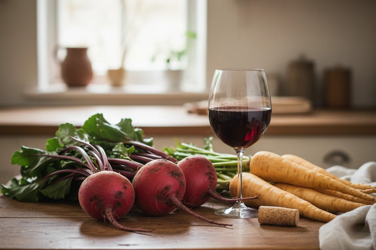 Deep ruby beet and parsnip wine in a glass beside raw beets and parsnips on a walnut surface
