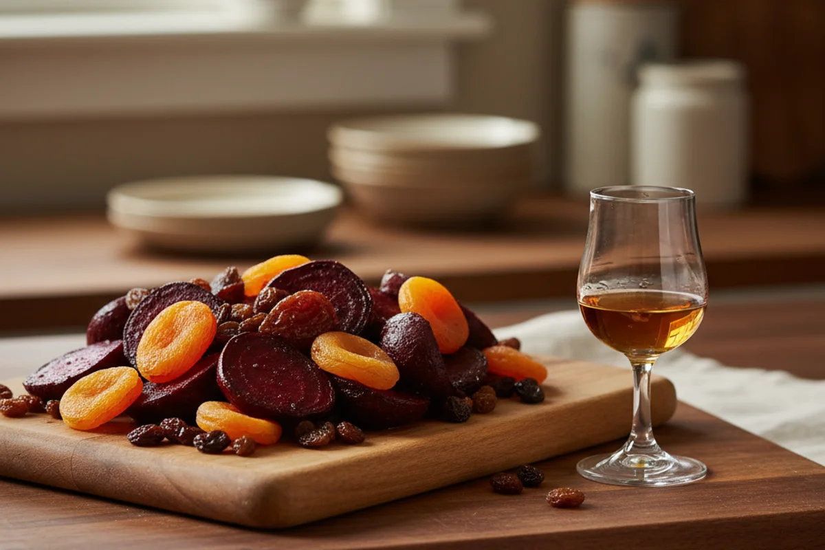 Dried apricots, golden raisins, and raw beets beside a sherry glass on a walnut surface in warm light