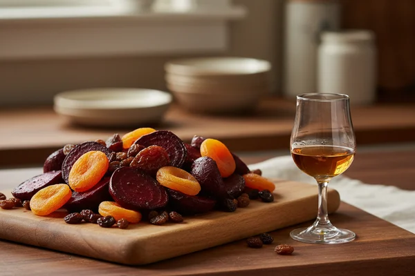 Dried apricots, golden raisins, and raw beets beside a sherry glass on a walnut surface in warm light