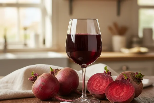 Raw beet sugar mounded in a cream linen cloth on a walnut surface beside a glass fermentation jar