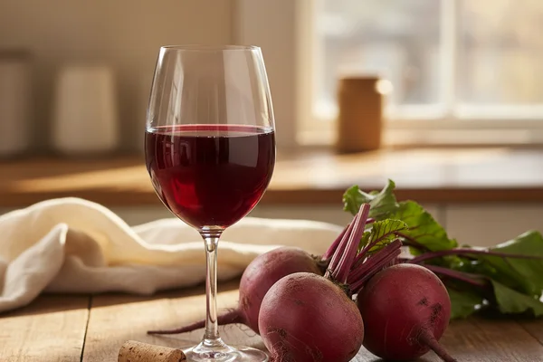 Rustic beet wine in a glass beside fresh whole beets on a walnut surface in warm natural light