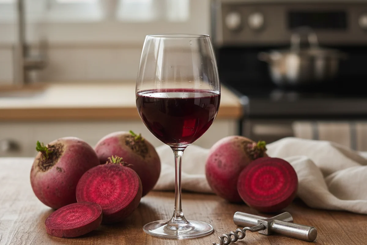 Rustic beet wine in a glass beside fresh whole beets on a walnut surface in warm natural light