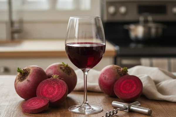 Rustic beet wine in a glass beside fresh whole beets on a walnut surface in warm natural light