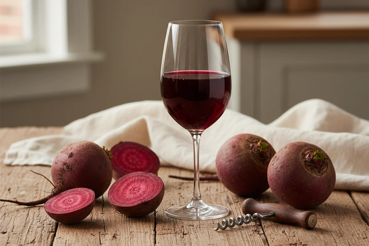 Pale ruby beet wine in a glass beside fresh whole beets on a walnut surface in soft natural light