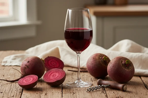 Pale ruby beet wine in a glass beside fresh whole beets on a walnut surface in soft natural light