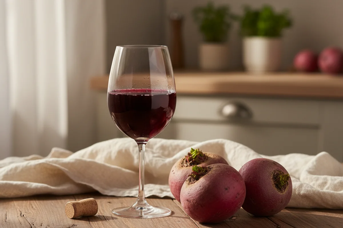 Fresh beetroots beside a glass of deep ruby wine on a walnut surface in warm natural light